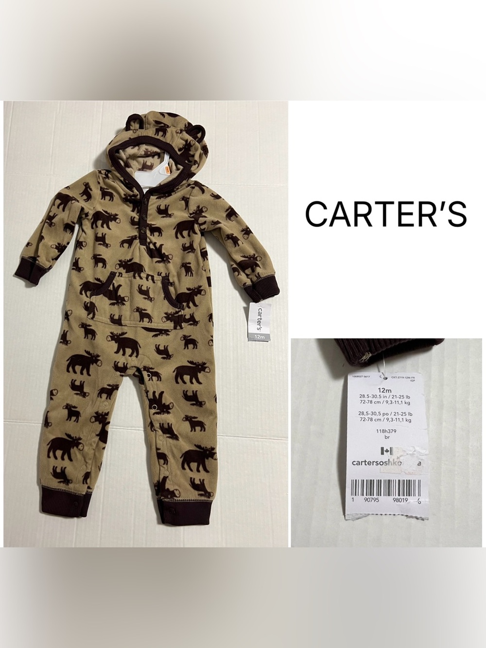 CARTER’S - 12M - NWT - INFANT BOYS BROWN MOOSE HOODED FLEECE COVERALL
